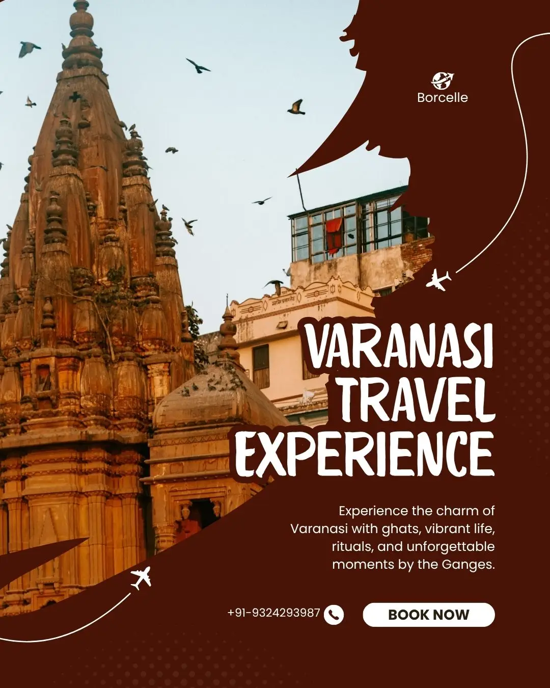 brown and sky blue modern varanasi tour and travel agency instagram post